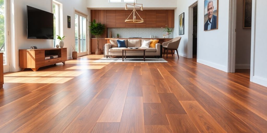 Spacious living room featuring wood floors and a large TV, showcasing a stylish and comfortable interior design.